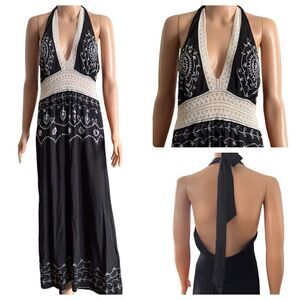 WUWATI Black Lace & Embroidered Haltered Backless Maxi Dress MEDIUM